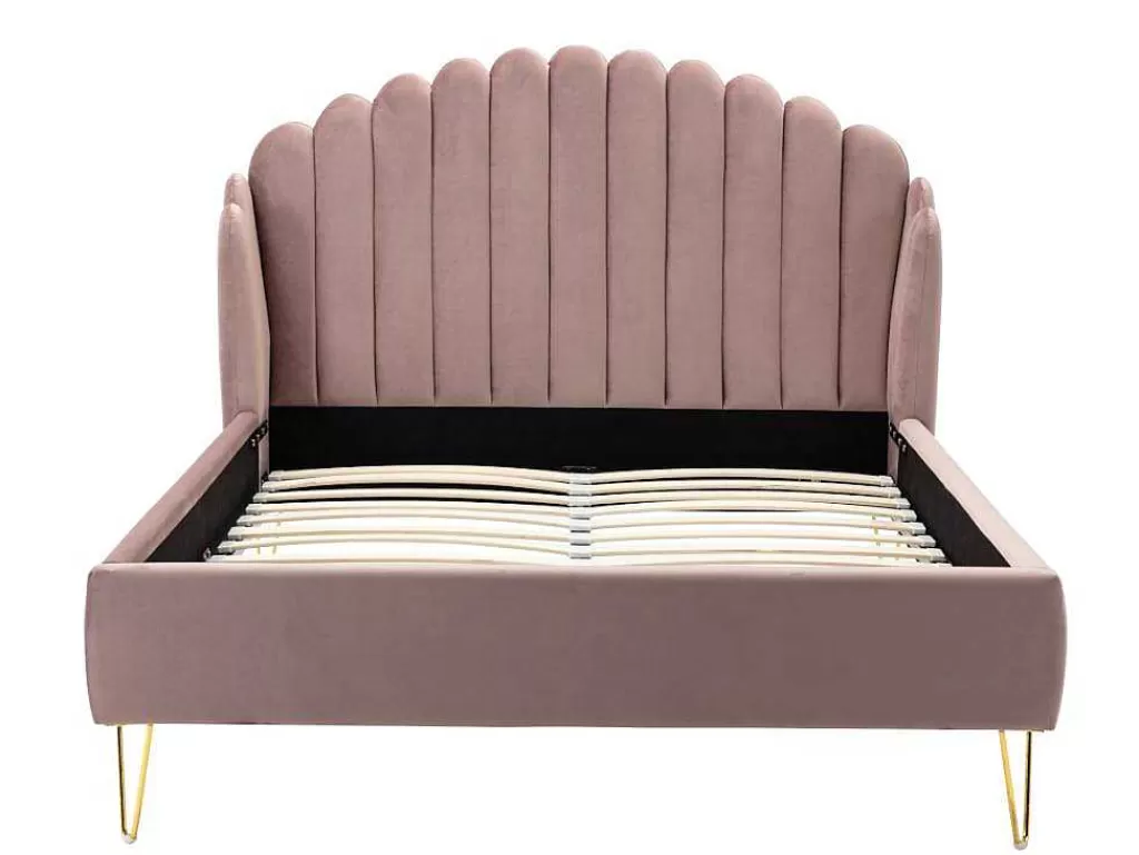 Cama Em Veludo*Vente-unique Cama Com Cabeceira De Cama Ondulada De 140 X 190 Cm Em Veludo Cor-De-Rosa Velho - Sagali