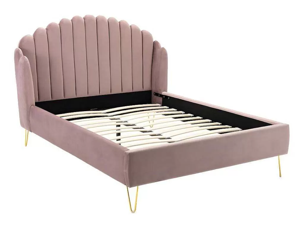 Cama Em Veludo*Vente-unique Cama Com Cabeceira De Cama Ondulada De 140 X 190 Cm Em Veludo Cor-De-Rosa Velho - Sagali