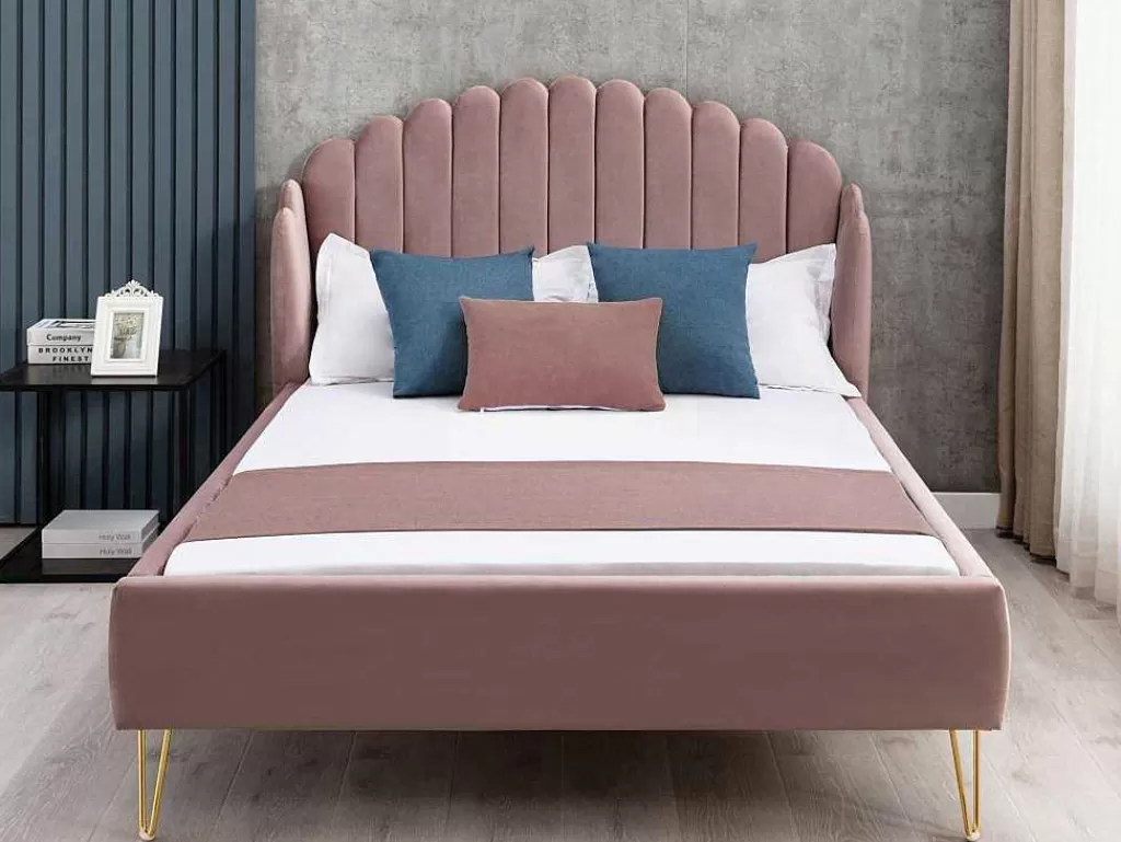 Cama Em Veludo*Vente-unique Cama Com Cabeceira De Cama Ondulada De 140 X 190 Cm Em Veludo Cor-De-Rosa Velho - Sagali