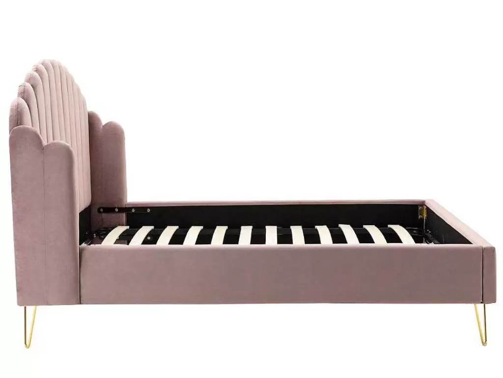 Cama Em Veludo*Vente-unique Cama Com Cabeceira De Cama Ondulada De 140 X 190 Cm Em Veludo Cor-De-Rosa Velho - Sagali