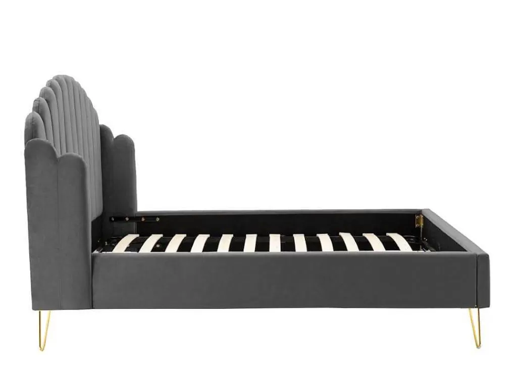 Cama Em Veludo*Vente-unique Cama Com Cabeceira De Cama Ondulada De 160 X 200 Cm Em Veludo Cor Cinza - Sagali