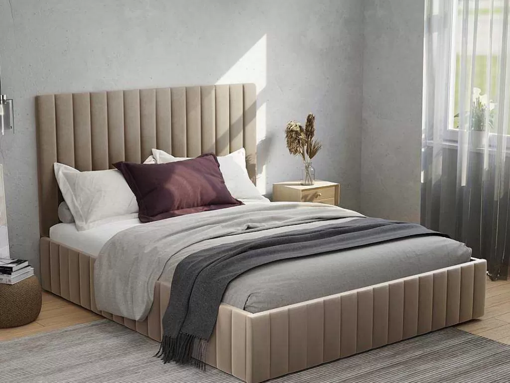 Cama Em Veludo*Vente-unique Cama Com Espaco De Arrumação 140 X 190 Cm Com Cabeceira De Cama Costuras Verticais Veludo Taupe + Colchão - Larali