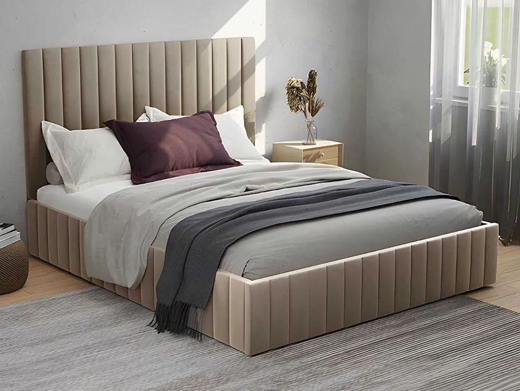 Cama Em Veludo*Vente-unique Cama Com Espaco De Arrumação 140 X 190 Cm Com Cabeceira De Cama Costuras Verticais Veludo Taupe + Colchão - Larali