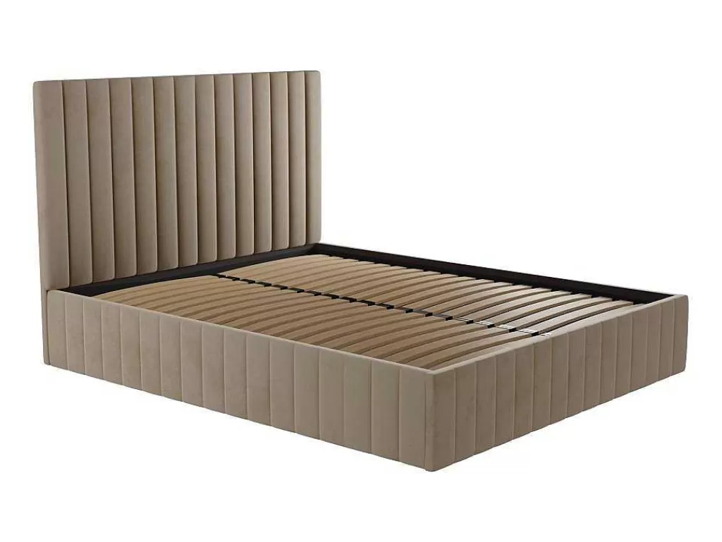 Cama Em Veludo*Vente-unique Cama Com Espaco De Arrumação 140 X 190 Cm Com Cabeceira De Cama Costuras Verticais Veludo Taupe + Colchão - Larali