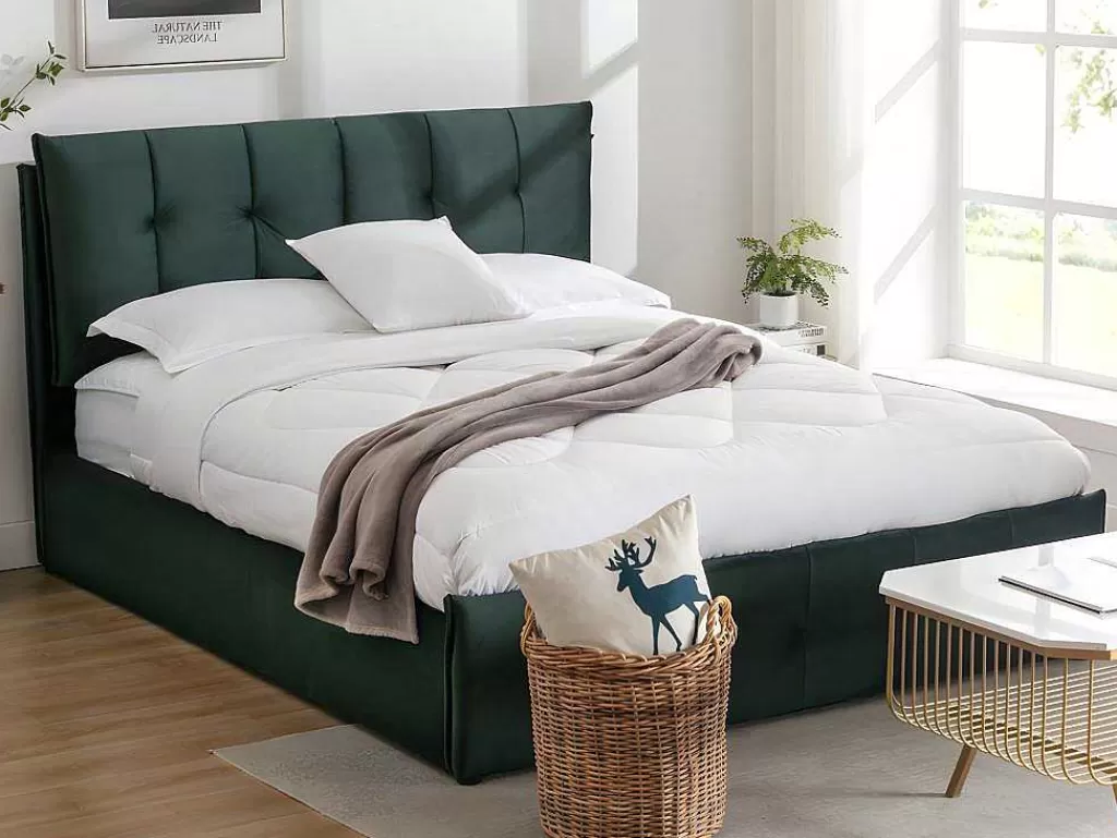 Cama Em Veludo*Vente-unique Cama Com Espaco De Arrumação 140 X 200 Cm Veludo Verde + Colchão - Oleria