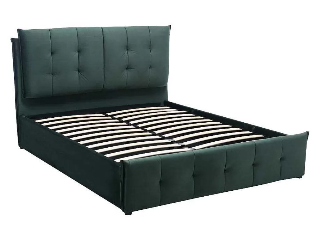 Cama Em Veludo*Vente-unique Cama Com Espaco De Arrumação 140 X 200 Cm Veludo Verde + Colchão - Oleria