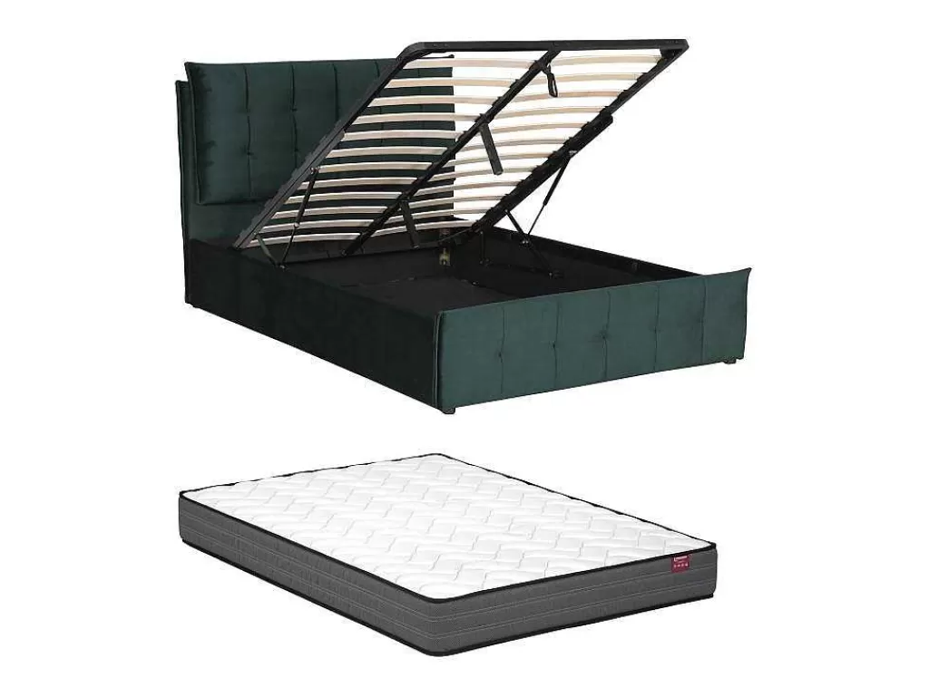 Cama Em Veludo*Vente-unique Cama Com Espaco De Arrumação 140 X 200 Cm Veludo Verde + Colchão - Oleria