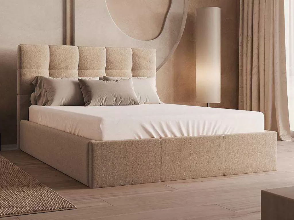 Cama Em Veludo*PASCAL MORABITO Cama Com Espaco De Arrumação 140X190 Cm Veludo Bege + Colchão - Mirdal De
