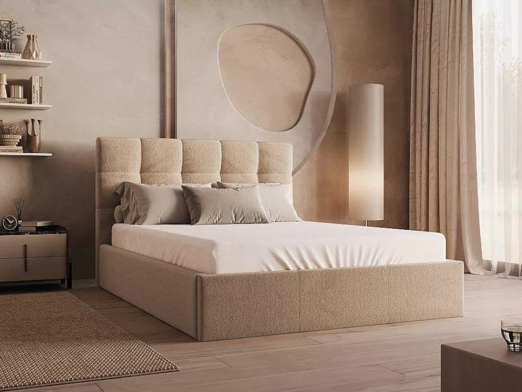 Cama Em Veludo*PASCAL MORABITO Cama Com Espaco De Arrumação 140X190 Cm Veludo Bege - Mirdal De