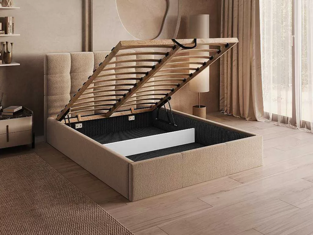 Cama Em Veludo*PASCAL MORABITO Cama Com Espaco De Arrumação 140X190 Cm Veludo Bege - Mirdal De