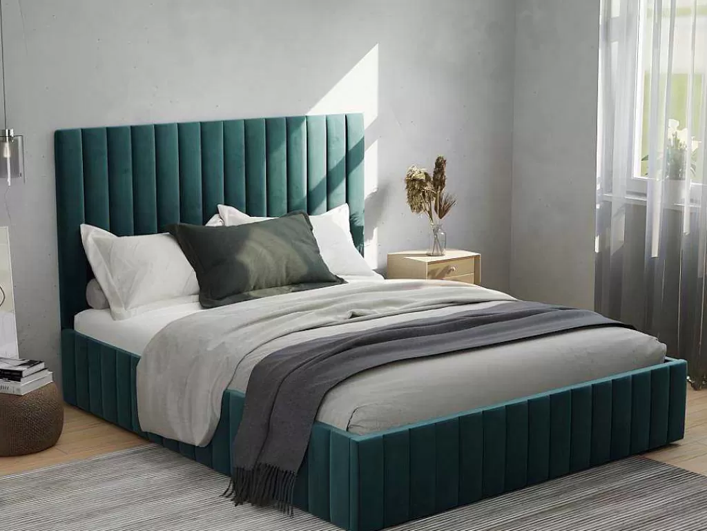 Cama Em Veludo*Vente-unique Cama Com Espaco De Arrumação 160 X 200 Cm Com Cabeceira De Cama Costuras Verticais Veludo Azul-Esverdeado + Colchão - Larali