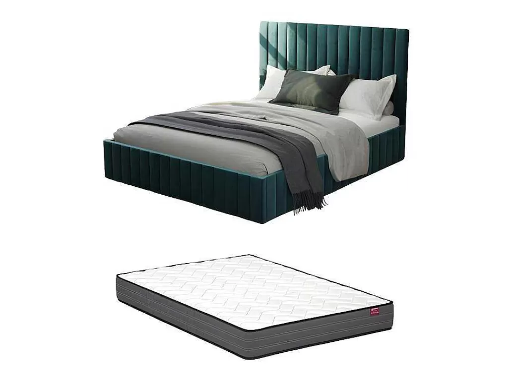 Cama Em Veludo*Vente-unique Cama Com Espaco De Arrumação 160 X 200 Cm Com Cabeceira De Cama Costuras Verticais Veludo Azul-Esverdeado + Colchão - Larali
