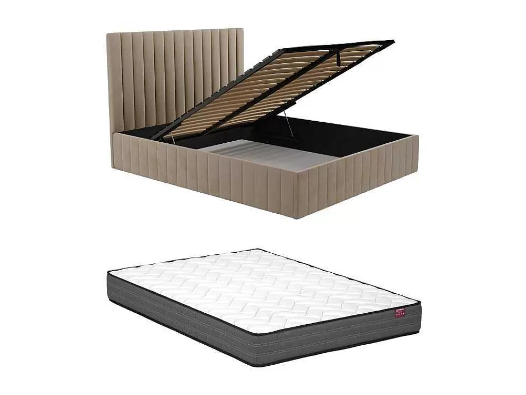 Cama Em Veludo*Vente-unique Cama Com Espaco De Arrumação 160 X 200 Cm Com Cabeceira De Cama Costuras Verticais Veludo Taupe + Colchão - Larali