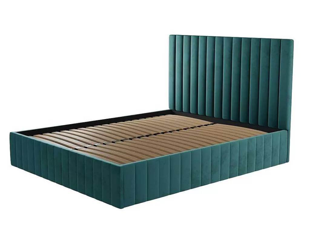 Cama Em Veludo*Vente-unique Cama Com Espaco De Arrumação 180 X 200 Cm Com Cabeceira De Cama Costuras Verticais Veludo Azul-Esverdeado + Colchão - Larali
