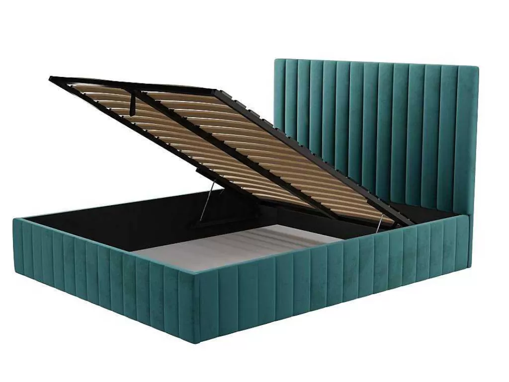 Cama Em Veludo*Vente-unique Cama Com Espaco De Arrumação 180 X 200 Cm Com Cabeceira De Cama Costuras Verticais Veludo Azul-Esverdeado + Colchão - Larali