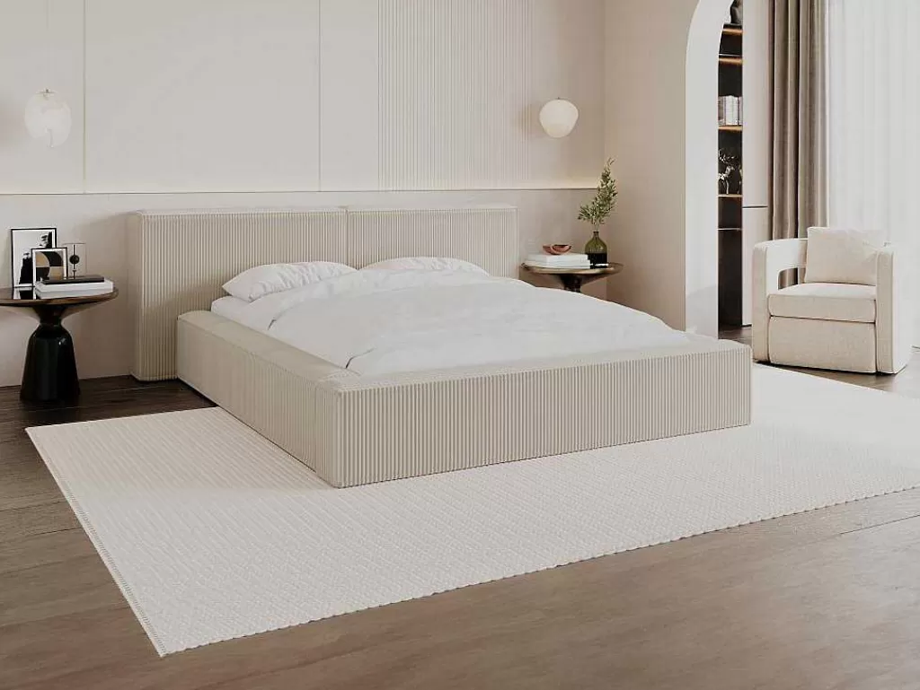 Cama Em Veludo*PASCAL MORABITO Cama Com Espaco De Arrumação De 160 X 200 Cm Em Veludo Canelado Cor Bege - Timano