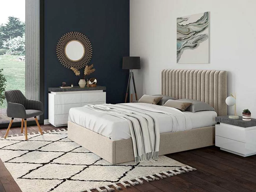 Cama Com Arrumação*Vente-unique Cama Com Espaco De Arrumação E Cabeceira De Cama Com Costuras Verticais 180 X 200 Cm Tecido Bege - Sarah
