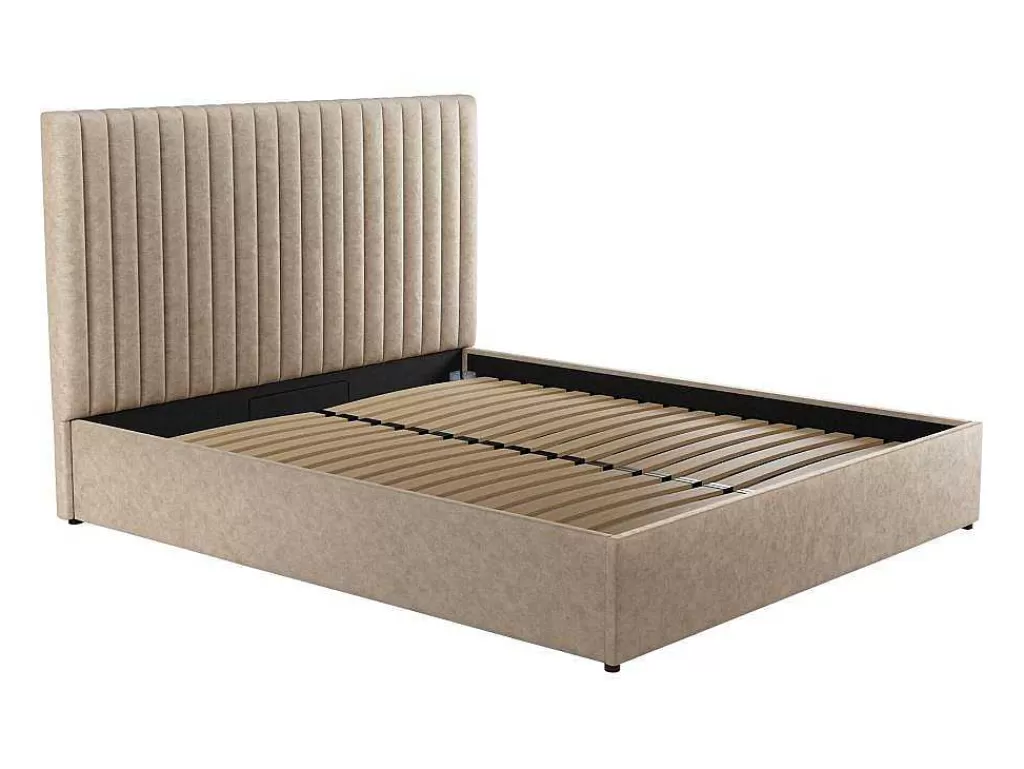 Cama Com Arrumação*Vente-unique Cama Com Espaco De Arrumação E Cabeceira De Cama Com Costuras Verticais 180 X 200 Cm Tecido Bege - Sarah