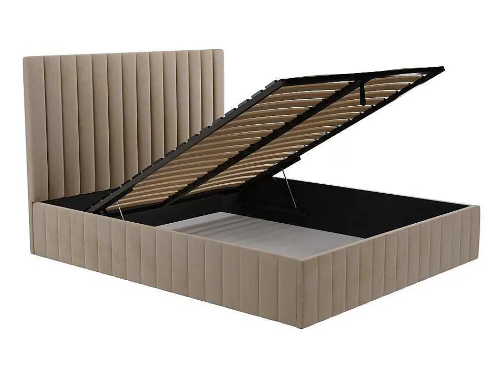 Cama Em Veludo*PASCAL MORABITO Cama Com Espaco De Arrumação E Cabeceira De Cama Com Costuras Verticais De 180 X 200 Cm Em Veludo Cor Taupe - Larali