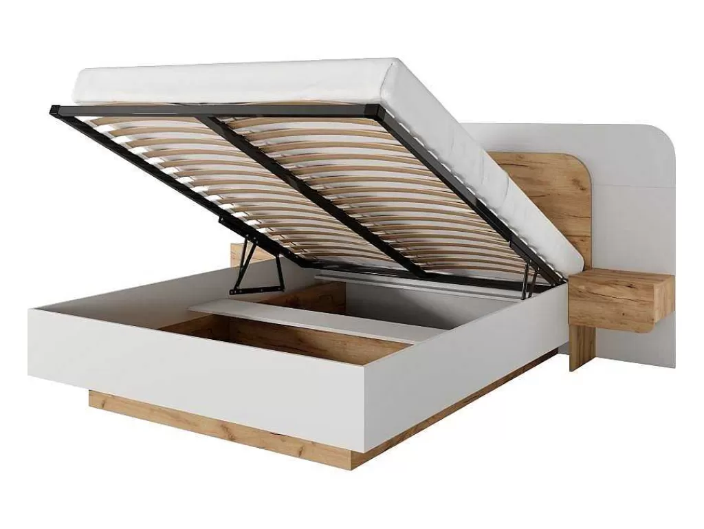 Cama De Adulto*Vente-unique Cama Com Espaco De Arrumação E Mesas De Cabeceira 160X200 Cm, Com Leds Cor Natural E Branco - Desado