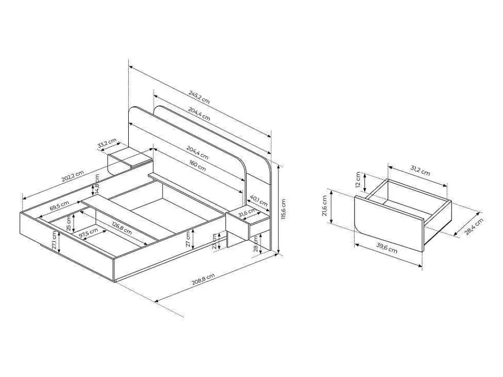 Cama De Adulto*Vente-unique Cama Com Espaco De Arrumação E Mesas De Cabeceira 160X200 Cm, Com Leds Cor Natural E Branco - Desado