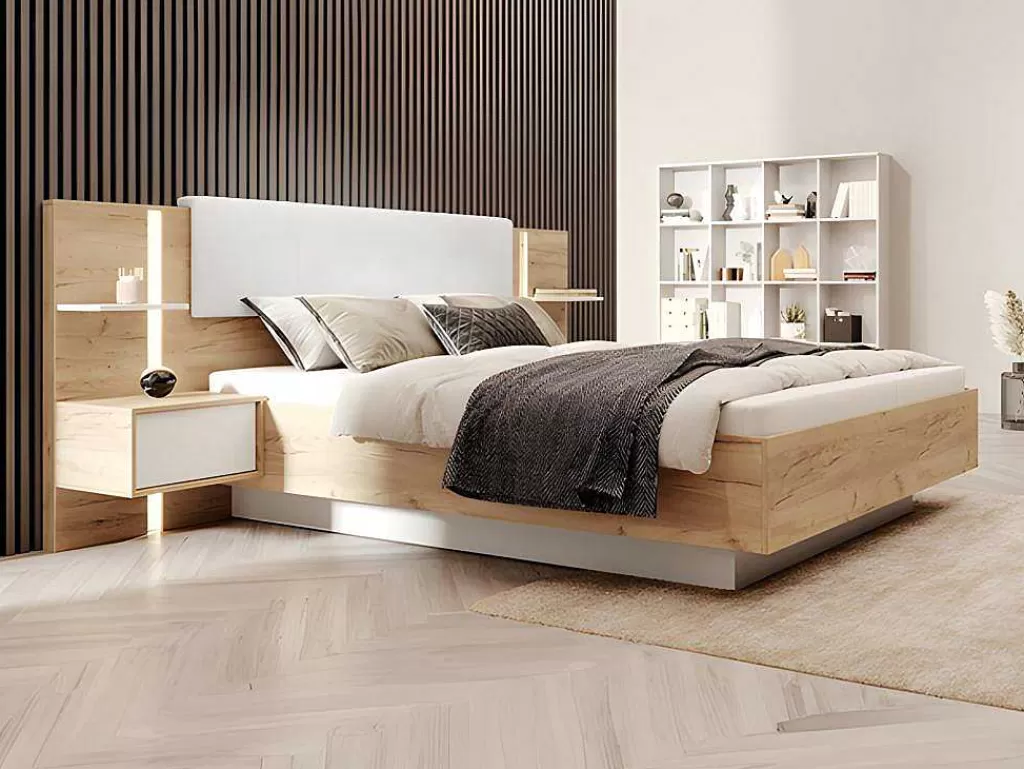 Cama De Adulto*Vente-unique Cama Com Espaco De Arrumação E Mesas De Cabeceira 160X200 Cm, Com Leds, Cor Natural E Branco - Elynia