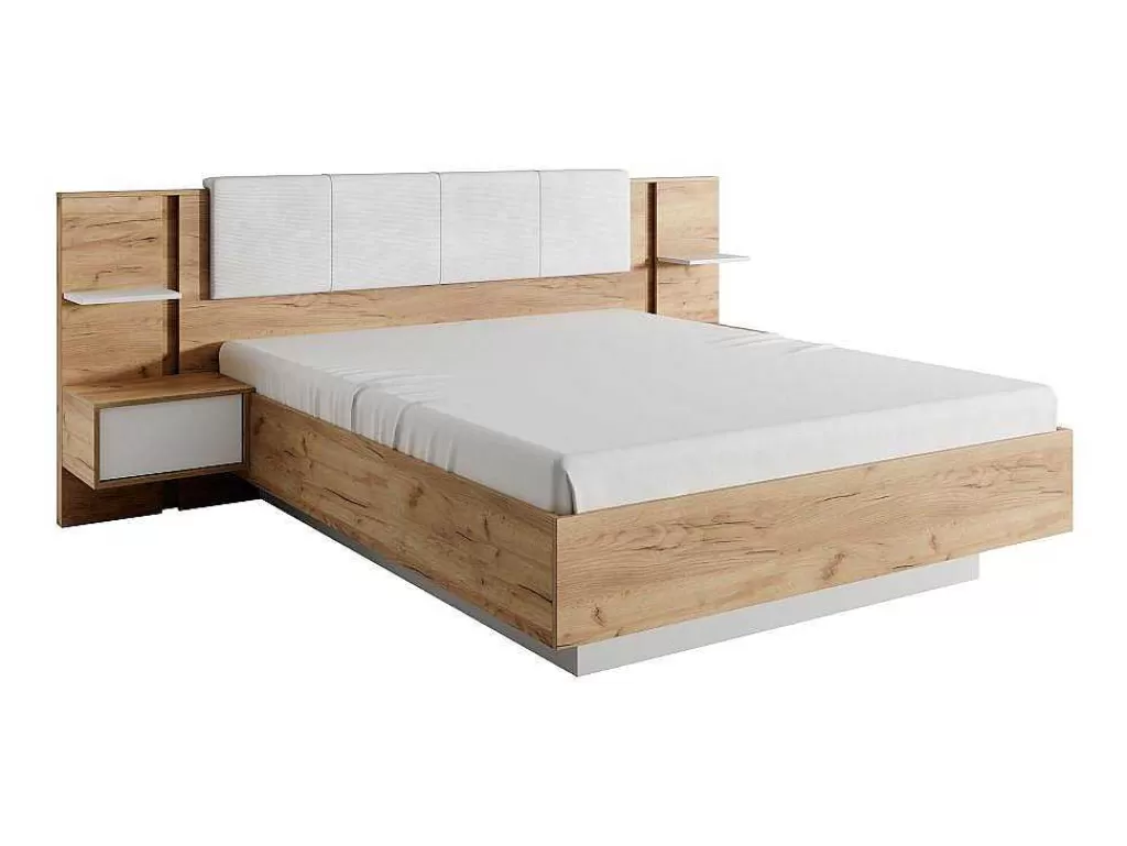 Cama De Adulto*Vente-unique Cama Com Espaco De Arrumação E Mesas De Cabeceira 160X200 Cm, Com Leds, Cor Natural E Branco - Elynia
