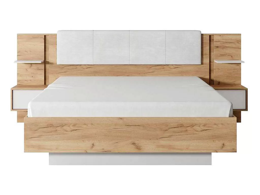 Cama De Adulto*Vente-unique Cama Com Espaco De Arrumação E Mesas De Cabeceira 160X200 Cm, Com Leds, Cor Natural E Branco - Elynia