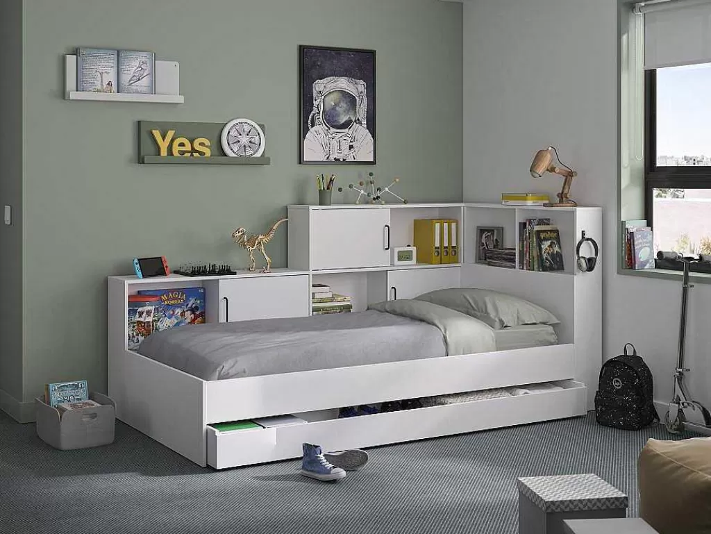 Cama De Adulto*Vente-unique Cama Com Espacos De Arrumação E Gaveta 90X200 Cm Branco + Sommier + Colchão - Armand
