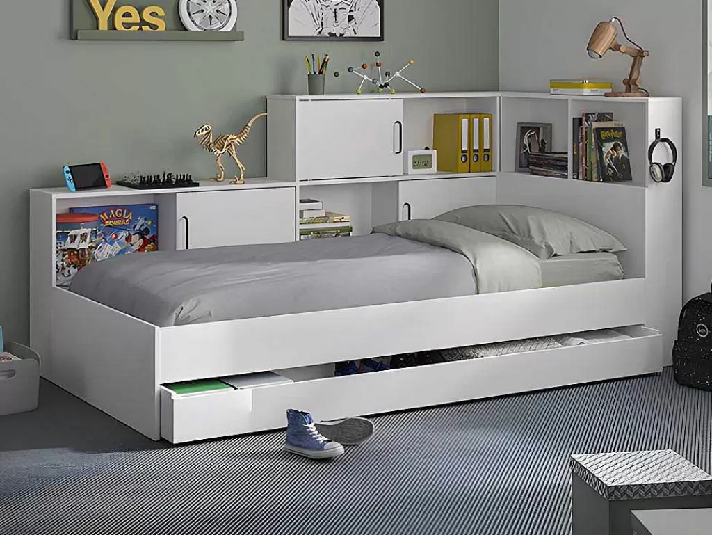 Cama De Adulto*Vente-unique Cama Com Espacos De Arrumação E Gaveta 90X200 Cm Branco + Sommier + Colchão - Armand