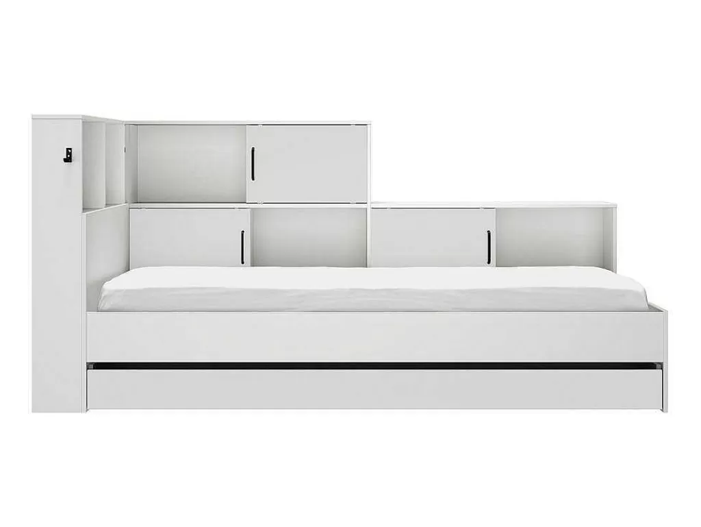 Cama De Adulto*Vente-unique Cama Com Espacos De Arrumação E Gaveta 90X200 Cm Branco + Sommier + Colchão - Armand