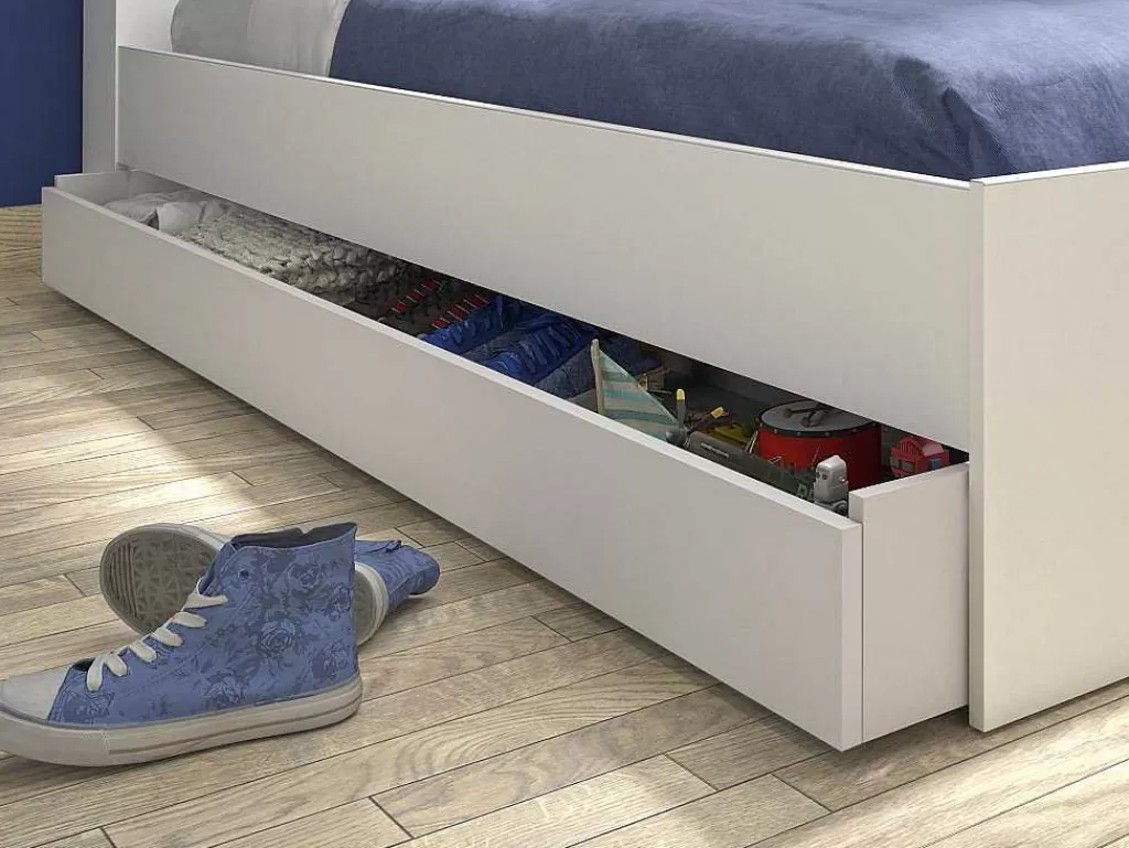 Cama De Adulto*Vente-unique Cama Com Espacos De Arrumação E Gaveta 90X200 Cm Branco + Sommier + Colchão - Armand