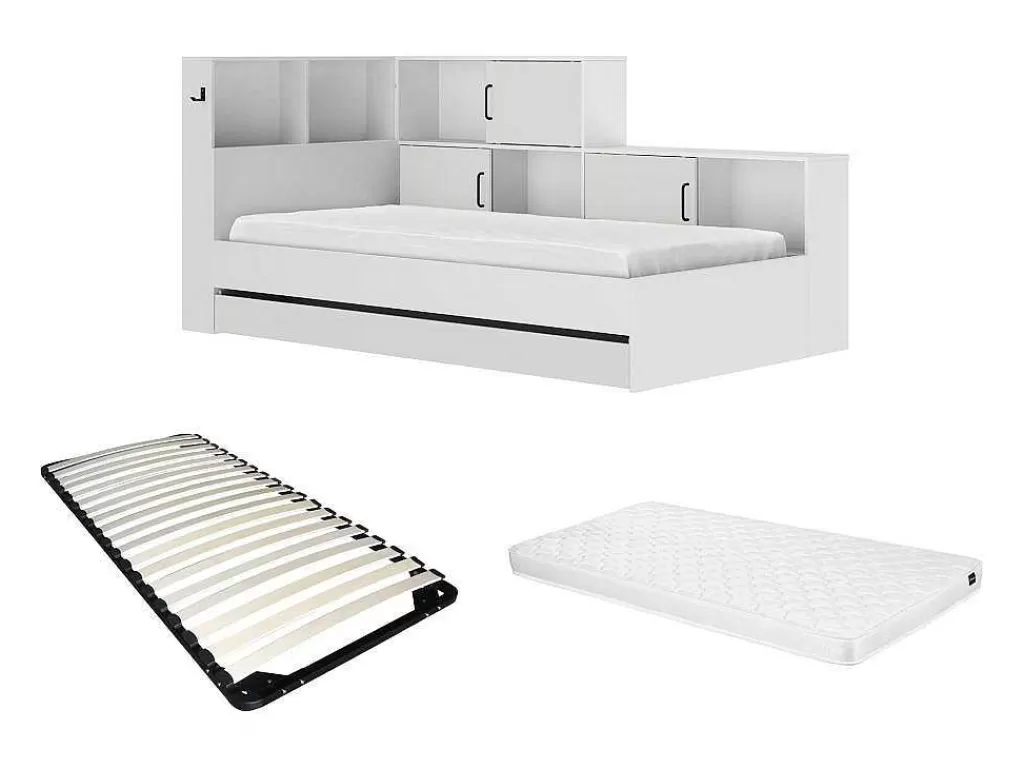 Cama De Adulto*Vente-unique Cama Com Espacos De Arrumação E Gaveta 90X200 Cm Branco + Sommier + Colchão - Armand