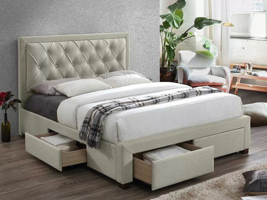 Cama Em Veludo*Vente-unique Cama Com Gavetas 140 X 190 Cm Tecido Veludo Champagne + Colchão - Leopold