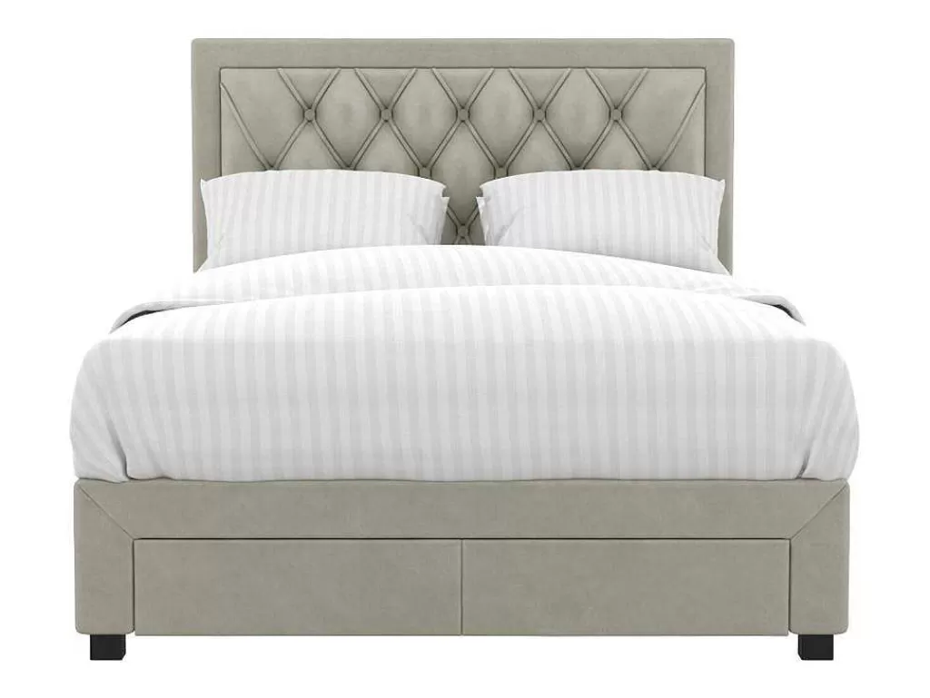 Cama Em Veludo*Vente-unique Cama Com Gavetas 140 X 190 Cm Tecido Veludo Champagne + Colchão - Leopold