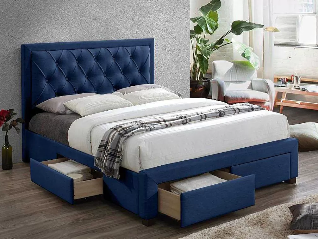 Cama Em Veludo*Vente-unique Cama Com Gavetas 180 X 200 Cm Tecido Veludo Azul + Colchão - Leopold