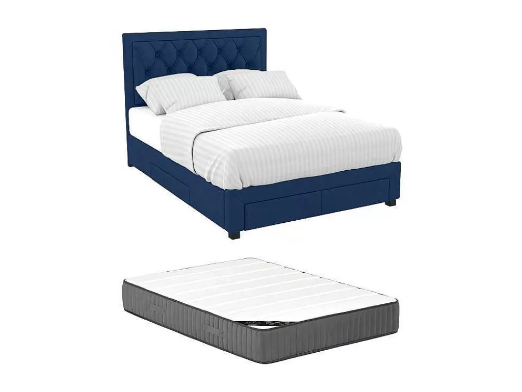 Cama Em Veludo*Vente-unique Cama Com Gavetas 180 X 200 Cm Tecido Veludo Azul + Colchão - Leopold