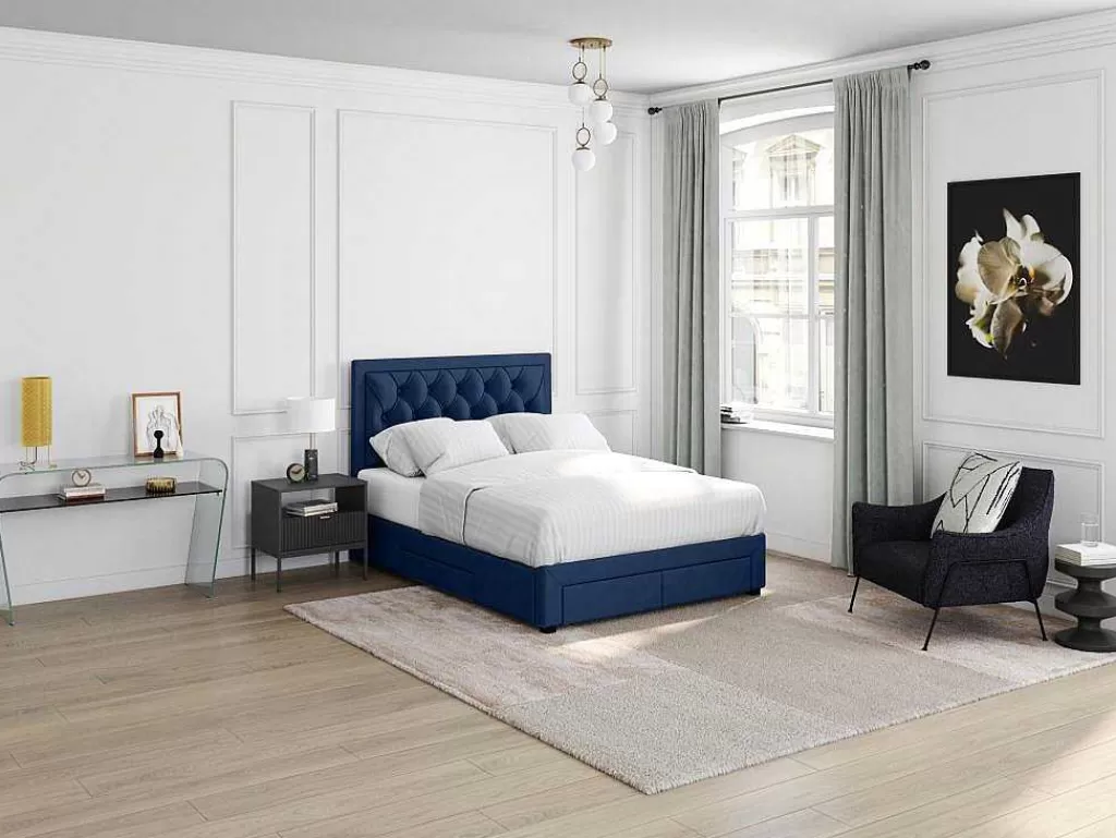 Cama Em Veludo*Vente-unique Cama Com Gavetas 180 X 200 Cm Tecido Veludo Azul + Colchão - Leopold