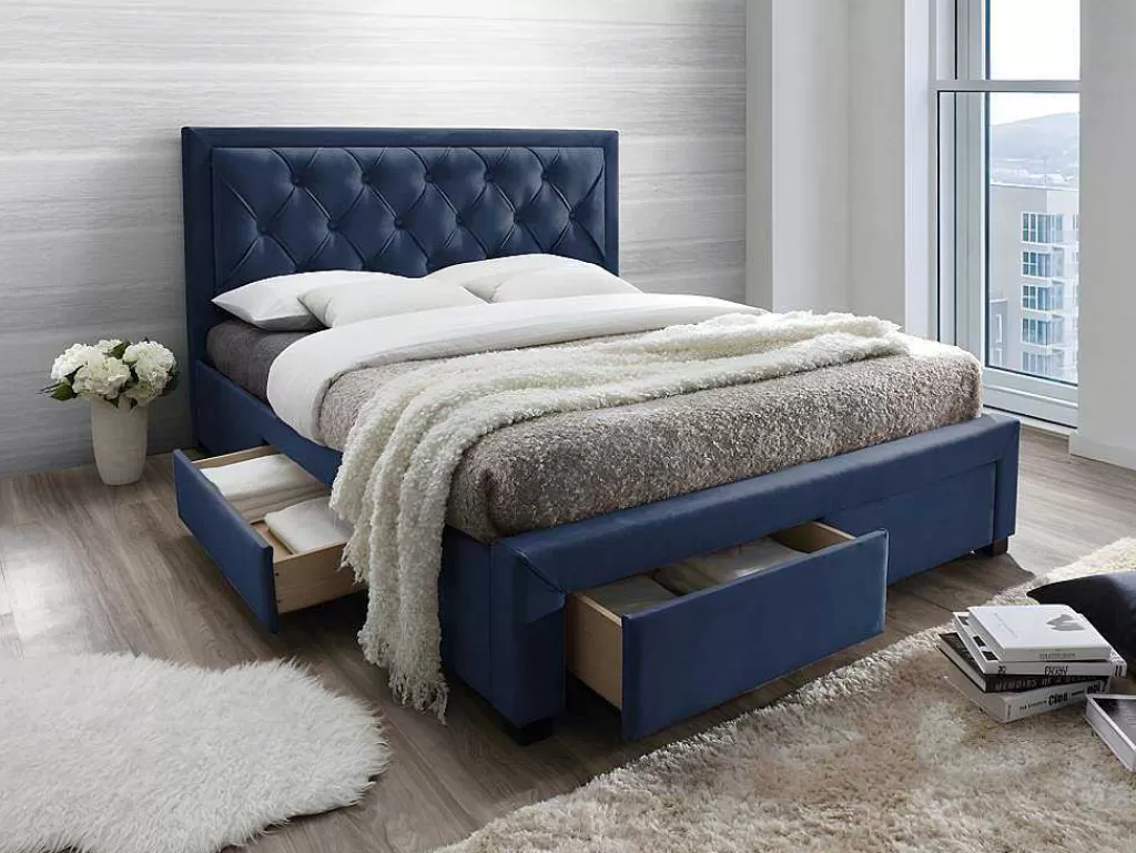 Cama Em Veludo*Vente-unique Cama Com Gavetas 180 X 200 Cm Tecido Veludo Azul + Colchão - Leopold