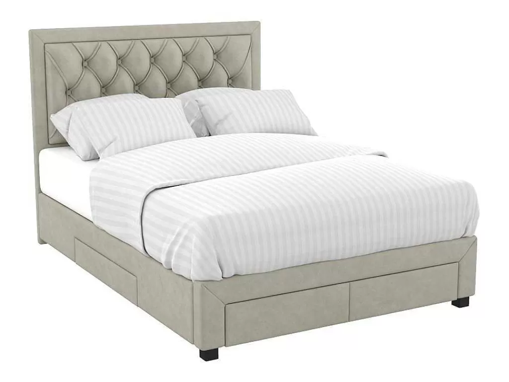 Cama Em Veludo*Vente-unique Cama Com Gavetas 180 X 200 Cm Tecido Veludo Champagne + Colchão - Leopold
