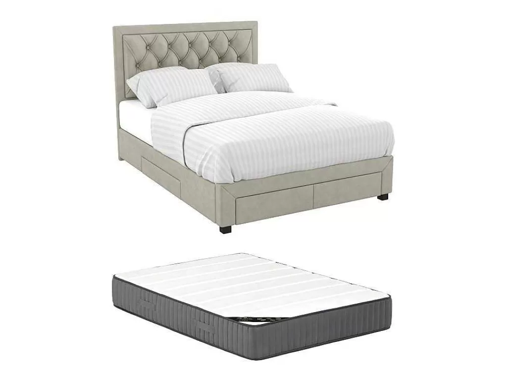 Cama Em Veludo*Vente-unique Cama Com Gavetas 180 X 200 Cm Tecido Veludo Champagne + Colchão - Leopold