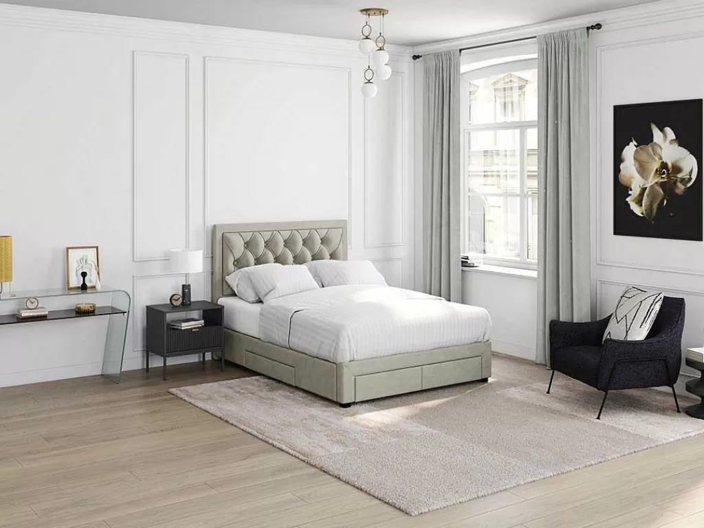Cama Em Veludo*Vente-unique Cama Com Gavetas 180 X 200 Cm Tecido Veludo Champagne + Colchão - Leopold