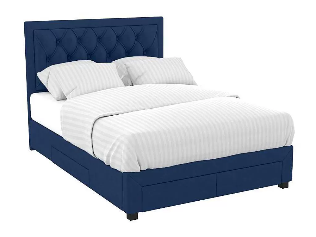 Cama De Adulto*Vente-unique Cama Com Gavetas - Veludo Azul - 160 X 200 Cm - Leopold