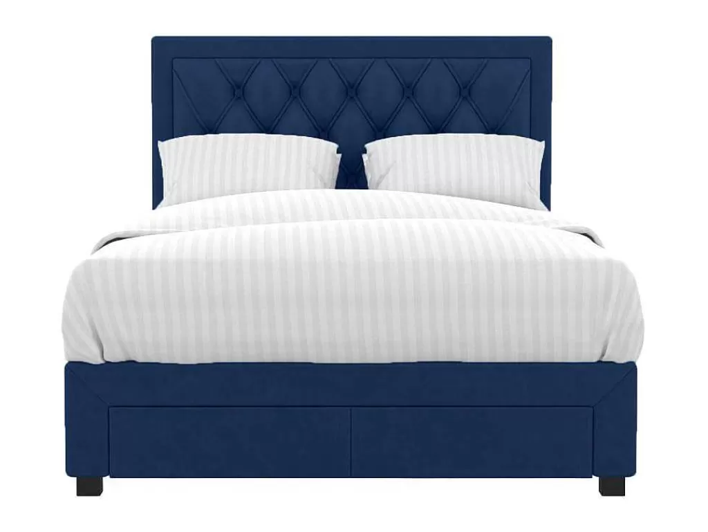 Cama De Adulto*Vente-unique Cama Com Gavetas - Veludo Azul - 160 X 200 Cm - Leopold