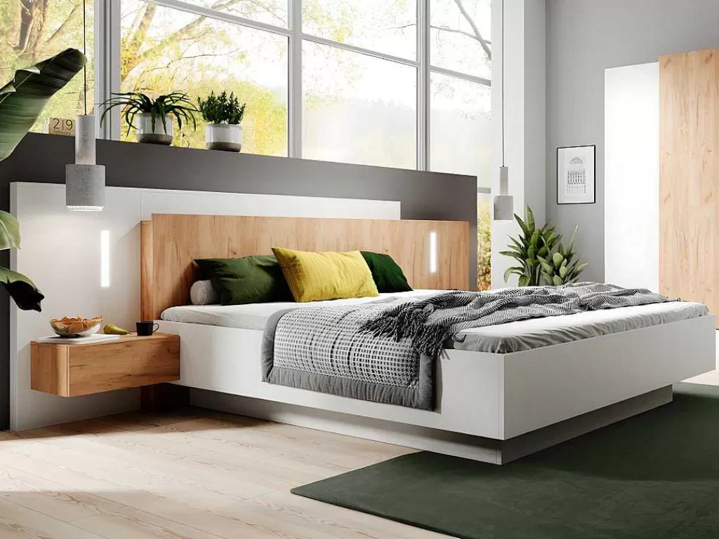 Cama De Adulto*Vente-unique Cama Com Mesas De Cabeceira 160 X 200 Cm, 2 Gavetas, Com Leds, Branco E Natural + Estrado + Colchão - Francoli