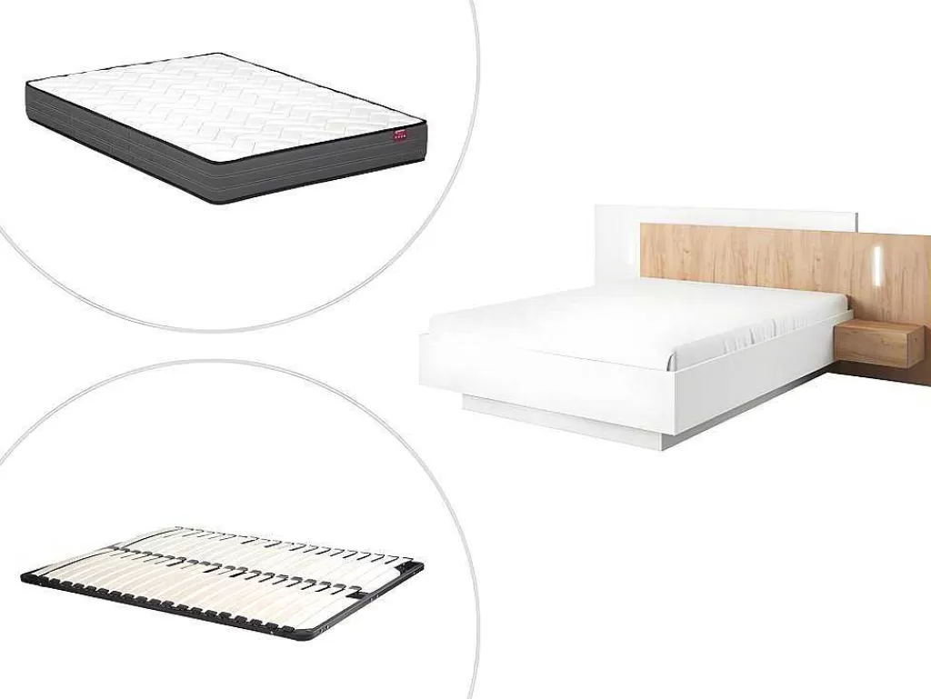 Cama De Adulto*Vente-unique Cama Com Mesas De Cabeceira 160 X 200 Cm, 2 Gavetas, Com Leds, Branco E Natural + Estrado + Colchão - Francoli