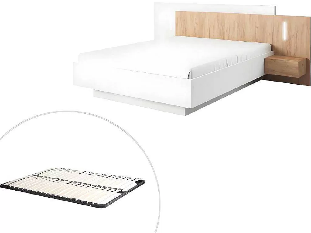 Cama De Adulto*Vente-unique Cama Com Mesas De Cabeceira 160 X 200 Cm, 2 Gavetas, Com Leds, Cor Branco E Natural + Estrado De Ripas - Francoli