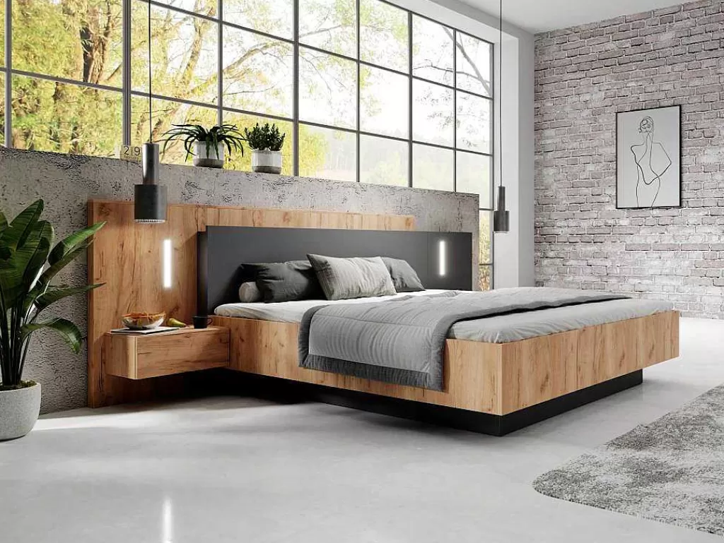 Cama De Adulto*Vente-unique Cama Com Mesas De Cabeceira 160 X 200 Cm, 2 Gavetas, Com Leds, Cor Natural E Antracite + Estrado + Colchão - Francoli