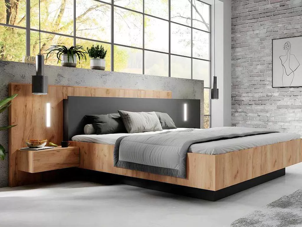 Cama De Adulto*Vente-unique Cama Com Mesas De Cabeceira 160 X 200 Cm, 2 Gavetas, Com Leds, Cor Natural E Antracite + Estrado + Colchão - Francoli