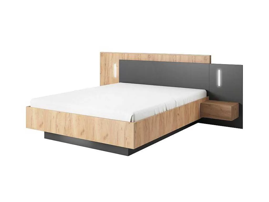 Cama De Adulto*Vente-unique Cama Com Mesas De Cabeceira 160 X 200 Cm, 2 Gavetas, Com Leds, Cor Natural E Antracite + Estrado + Colchão - Francoli